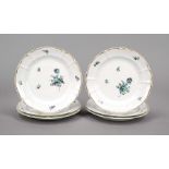 Six bread plates, Nymphenburg, mark 1925-75, Rococo model, with green floral painting and gold