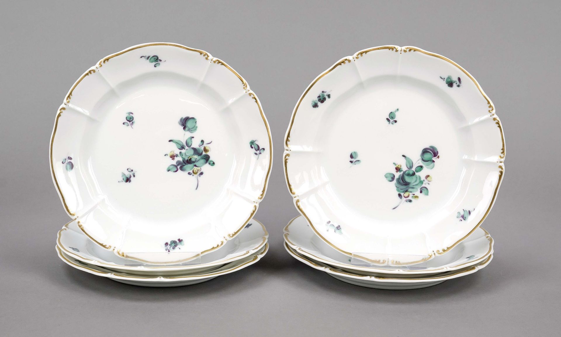 Six bread plates, Nymphenburg, mark 1925-75, Rococo model, with green floral painting and gold