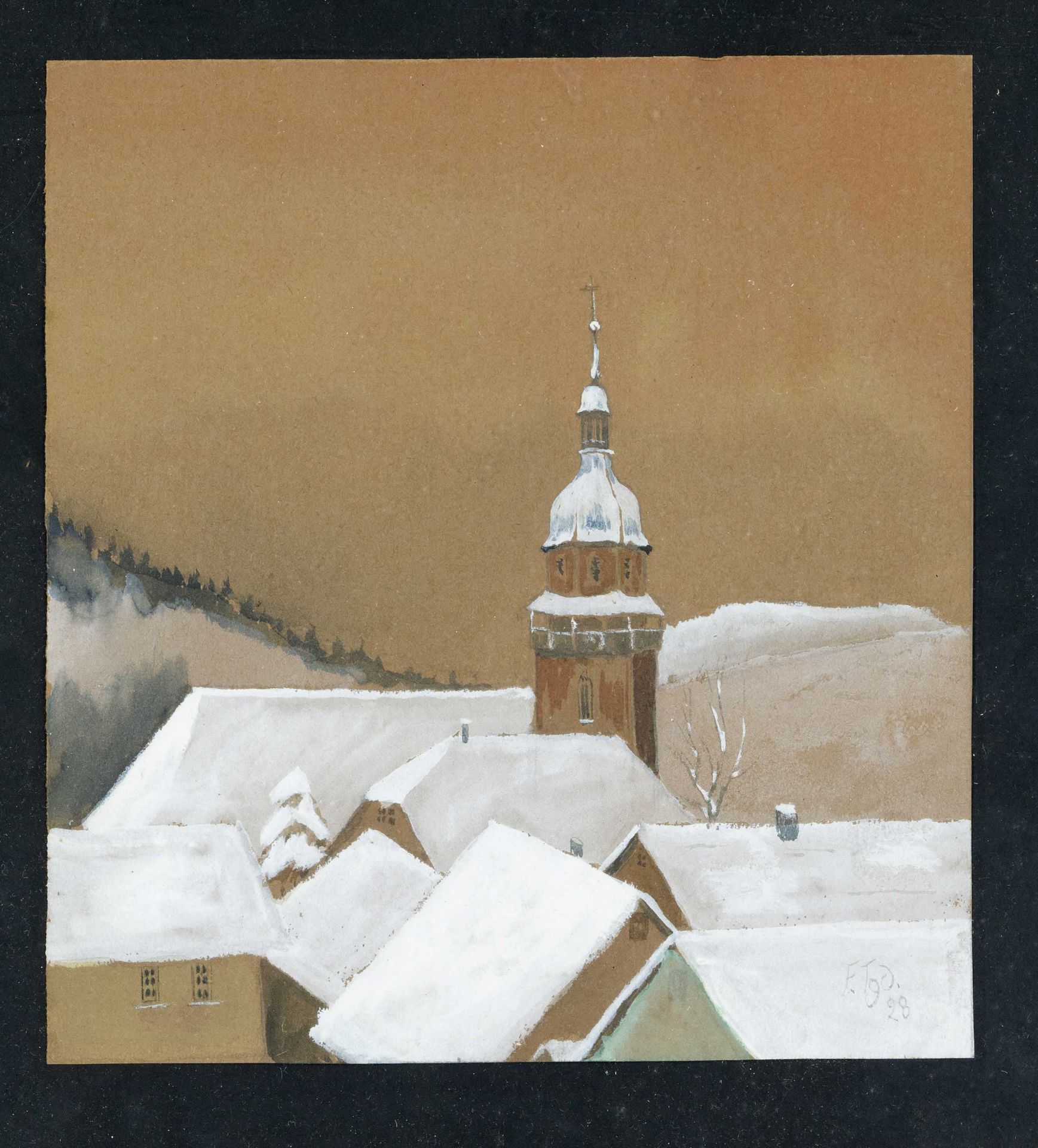 Unidentified monogramist ''F. Tgd'' (?), 1st half 20th century, snowy rooftops with church tower,