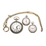 Mixed lot of 3 silver pocket watches and a pocket watch chain in double, 2 ladies' pocket watches