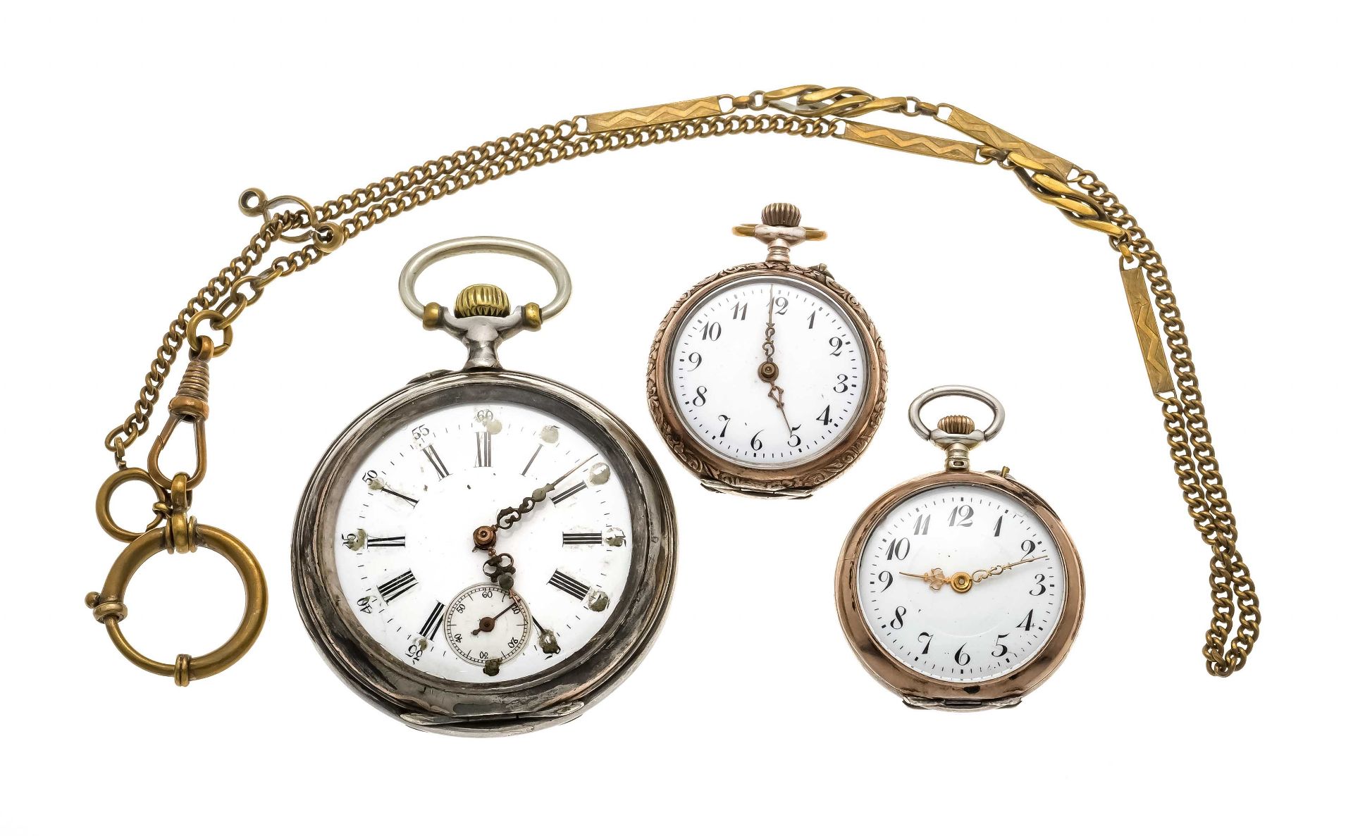 Mixed lot of 3 silver pocket watches and a pocket watch chain in double, 2 ladies' pocket watches