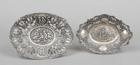 Two oval openwork baskets, German, 20th century, silver 800/000, each with openwork flag with floral