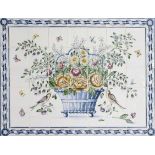 Tile picture, probably Holland. Large flower basket with birds and insects in polychrome and