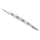 Akoya pearl and brilliant-cut diamond bar brooch WG 750/000 with 5 white Akoya pearls 6.2 - 4.9 mm