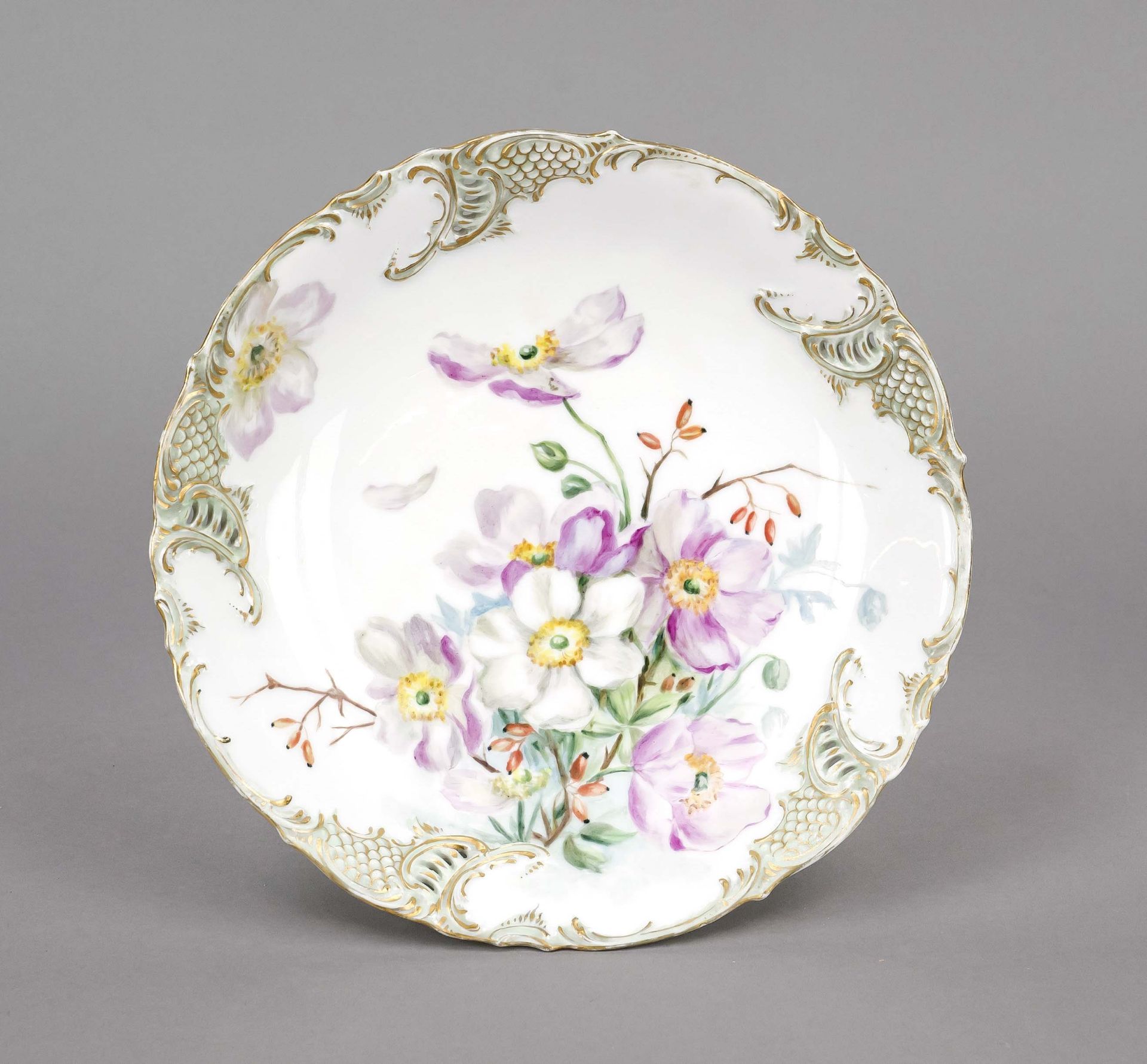 Round centerpiece, Nymphenburg, 20th century, round curved stand, on 4 feet, shallow dish with - Image 2 of 2