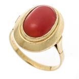 Coral ring GG 585/000 with an oval coral cabochon 12.5 x 7.7 mm in a slightly orange-tinged red,