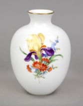Vase, Meissen, mark after 1934, 1st choice, ovoid form, polychrome flower painting, gold rim, h.