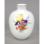 Vase, Meissen, mark after 1934, 1st choice, ovoid form, polychrome flower painting, gold rim, h.