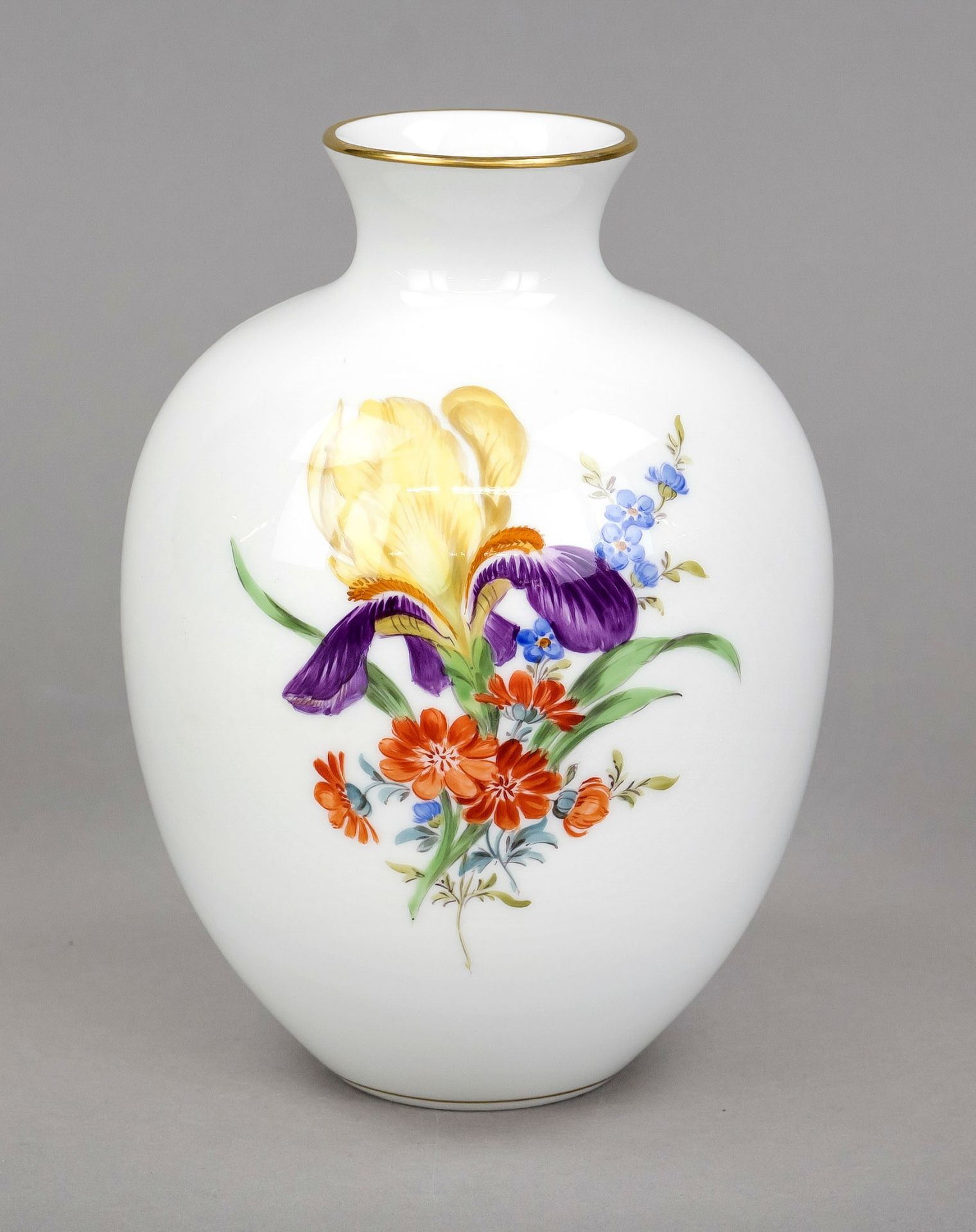 Vase, Meissen, mark after 1934, 1st choice, ovoid form, polychrome flower painting, gold rim, h.