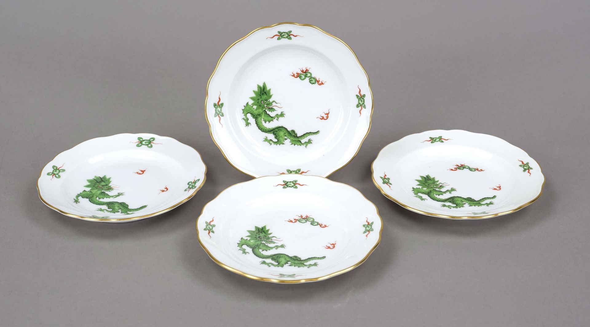 Four bread plates, Meissen, marks after 1934, Deputat, New Cut-out shape, green Ming dragon