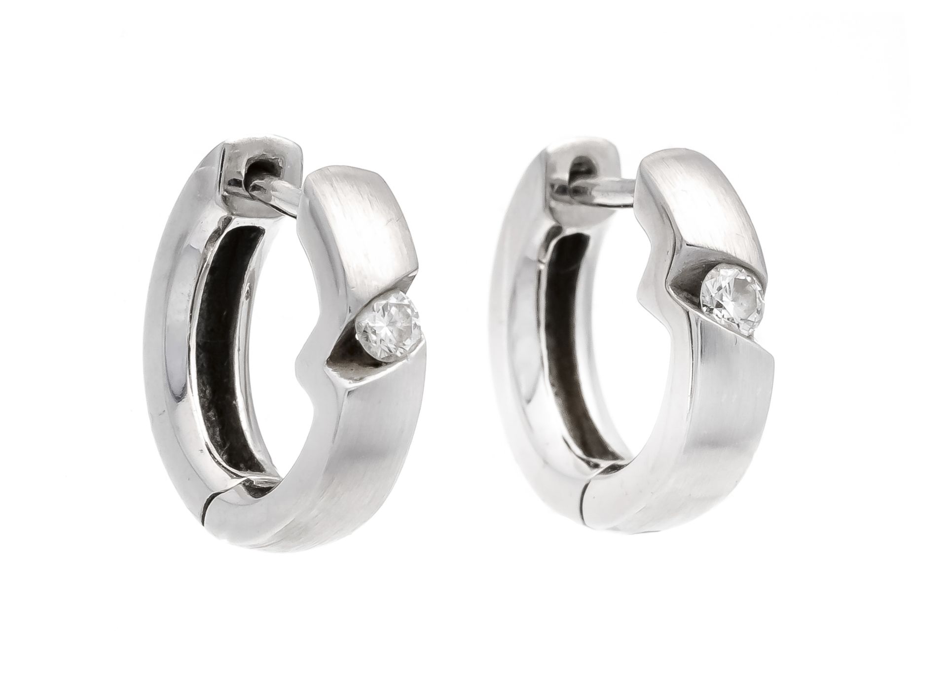 Brilliant hoop earrings WG 585/000 with 2 brilliant-cut diamonds, total 0.10 ct W/SI, l. 12.5 mm,