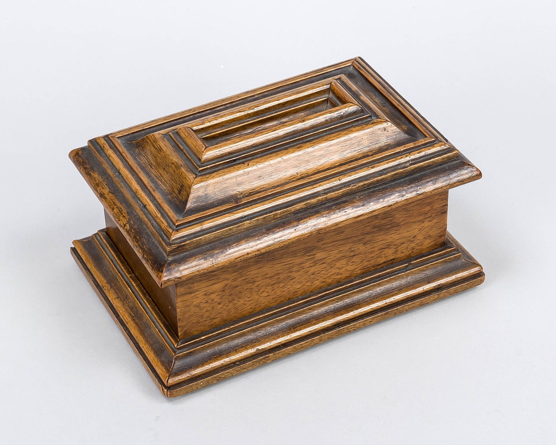 Money box in the shape of a casket, 19th century, walnut, l. 20 cm