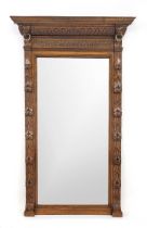 Wall mirror from around 1880, oak, mirror with facet cut, 170 x 104 cm