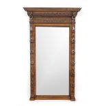 Wall mirror from around 1880, oak, mirror with facet cut, 170 x 104 cm