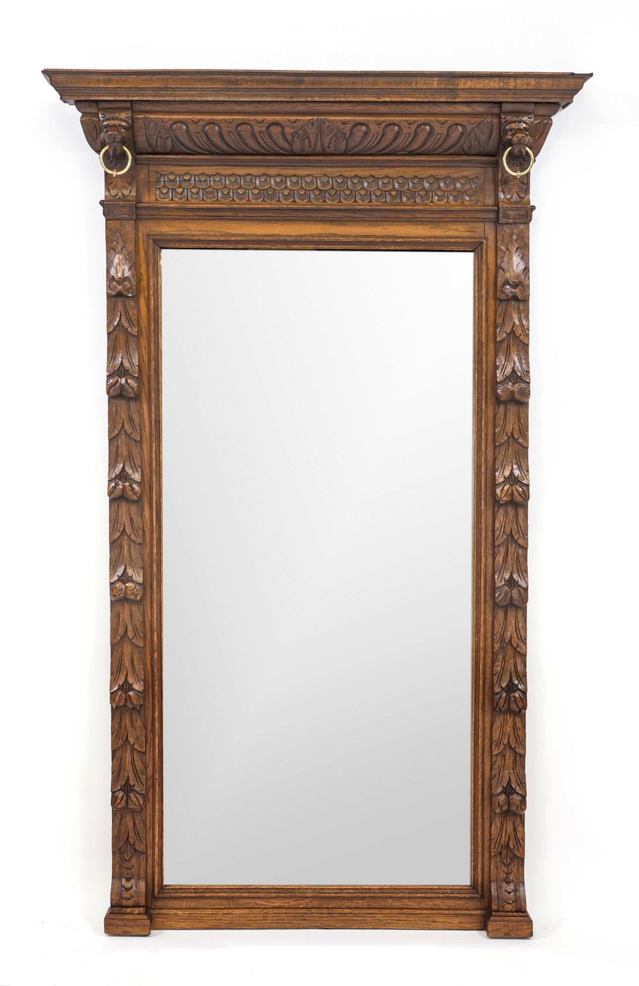 Wall mirror from around 1880, oak, mirror with facet cut, 170 x 104 cm