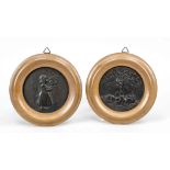 Monogrammist FJ, medalist c. 1910, two children's motifs, black patinated iron in wooden frame, each