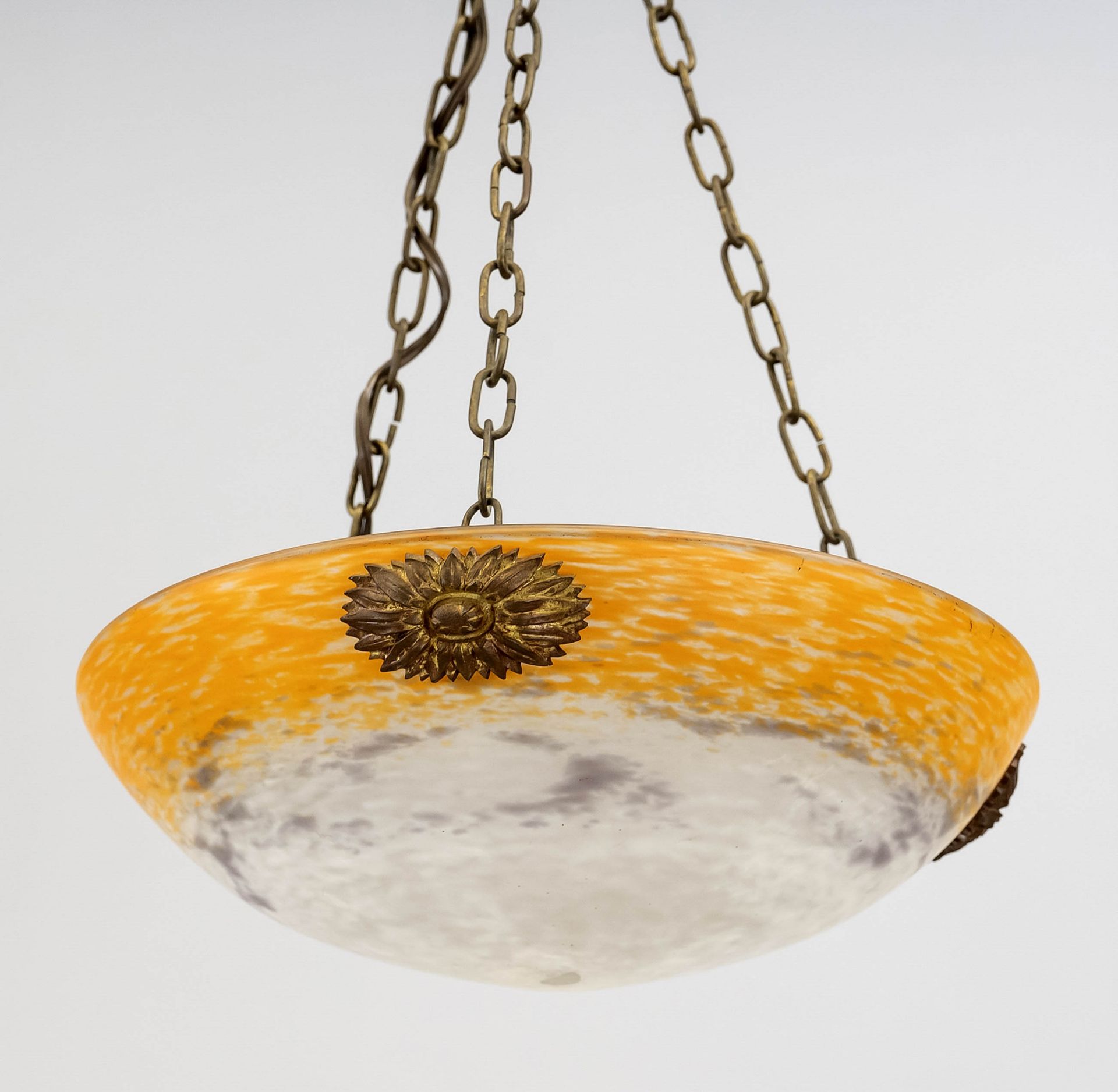 Ceiling lamp, late 19th century, bowl of colored glass on 3 chains, 1-light, slightly rubbed, h.
