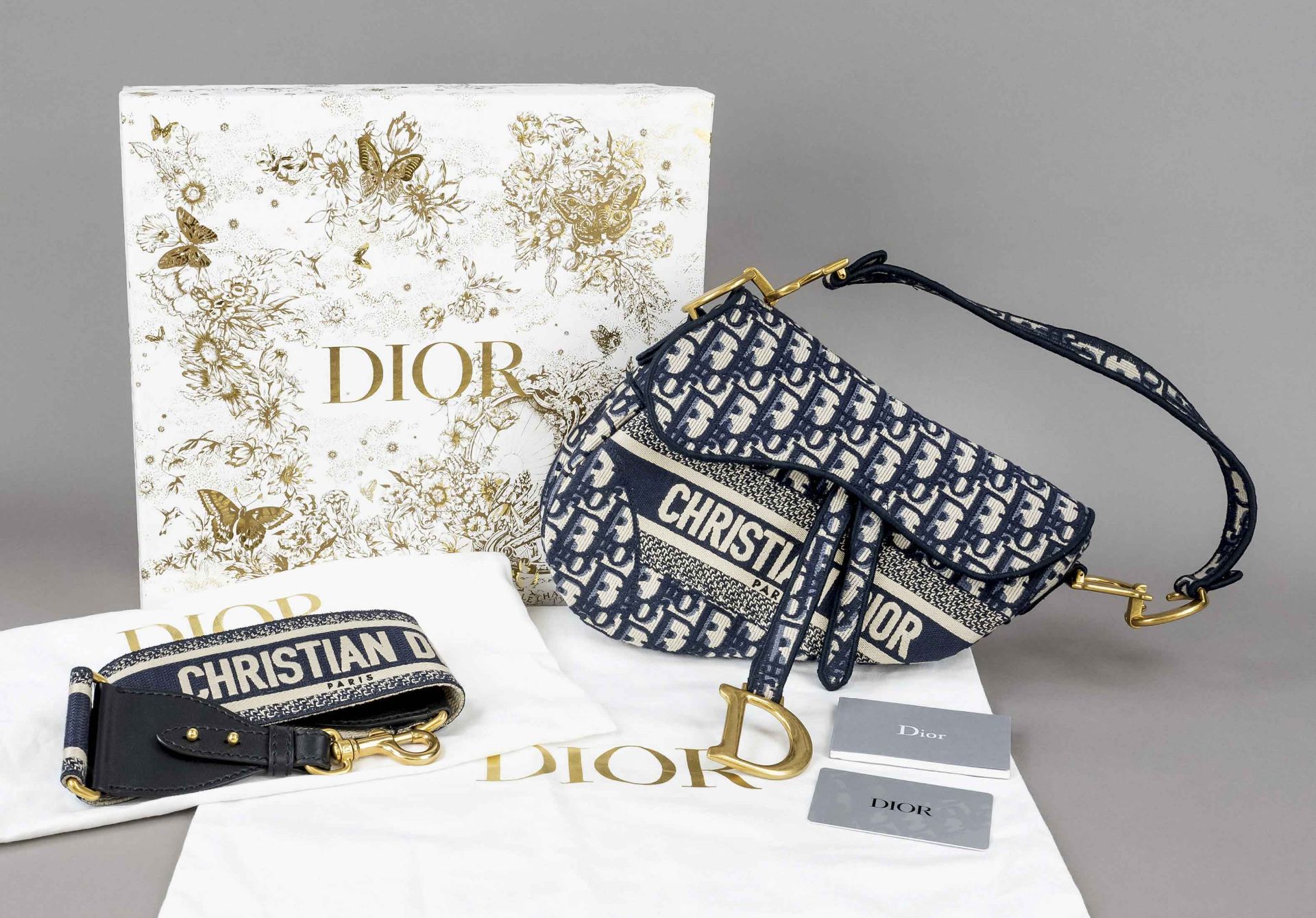 Christian Dior, Blue Oblique Jacquard Saddle Bag, natural-coloured canvas with dark blue logo