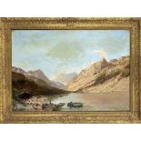 Unidentified artist, c. 1900, Lakescape in front of mountains with staffage figures, oil/canvas,