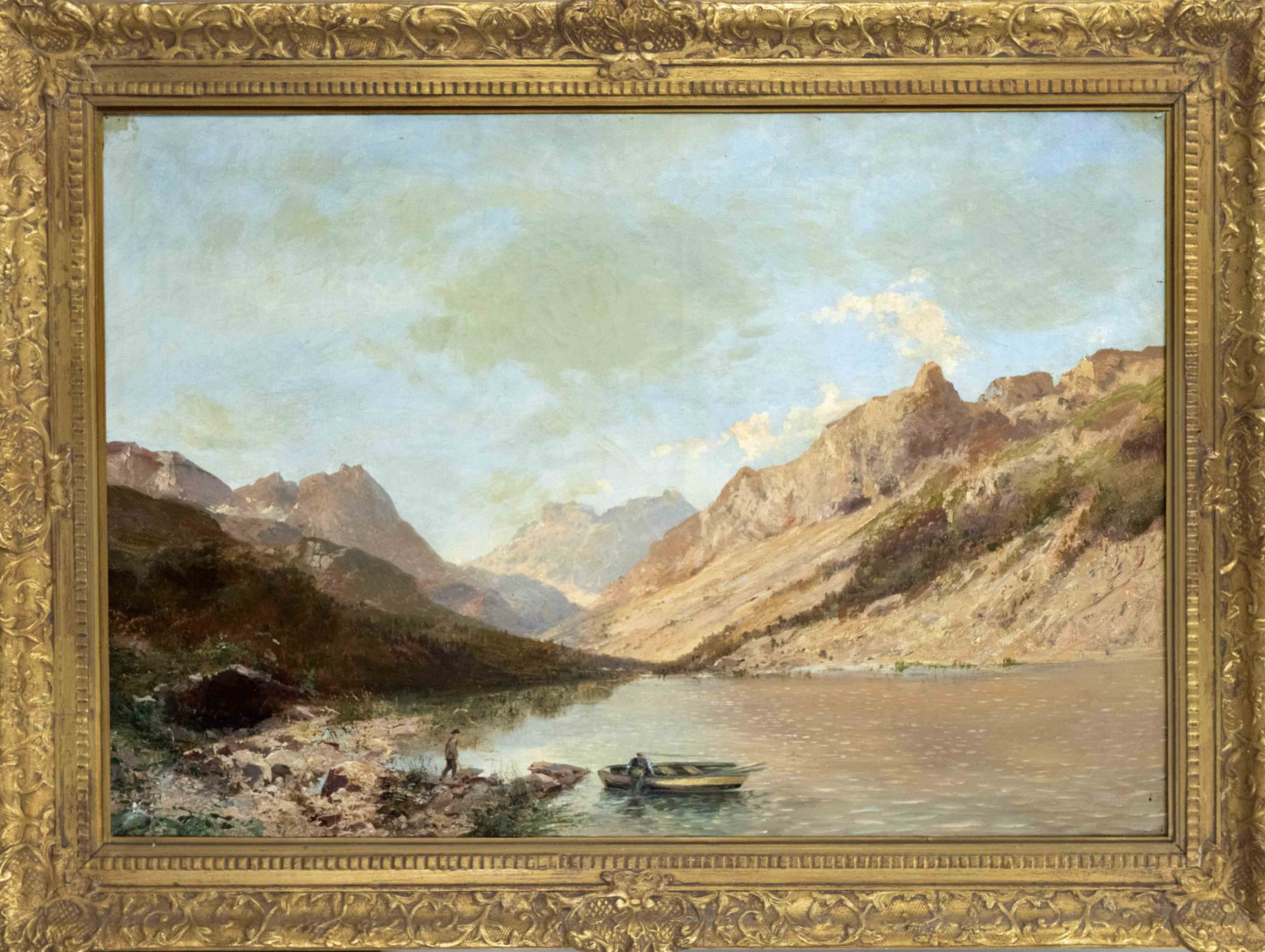 Unidentified artist, c. 1900, Lakescape in front of mountains with staffage figures, oil/canvas,