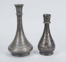 2 Bidri vases, India 19th century, brass/bronze with silver rubbing Stylized flowers, foliage and