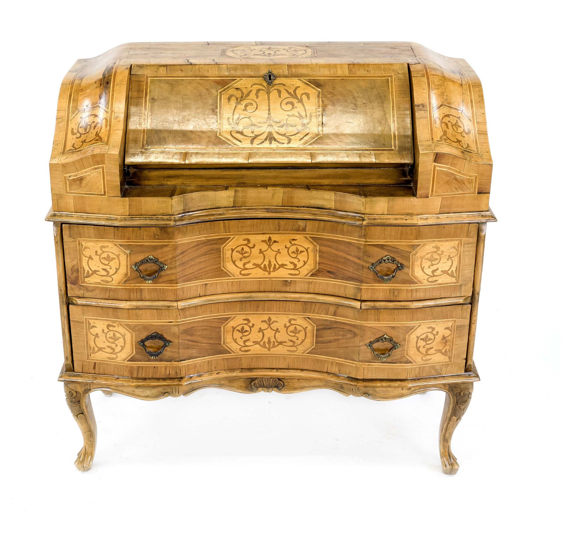 Baroque-style ladies' secretary, 20th century, walnut veneered and inlaid, two drawers, 4 drawers