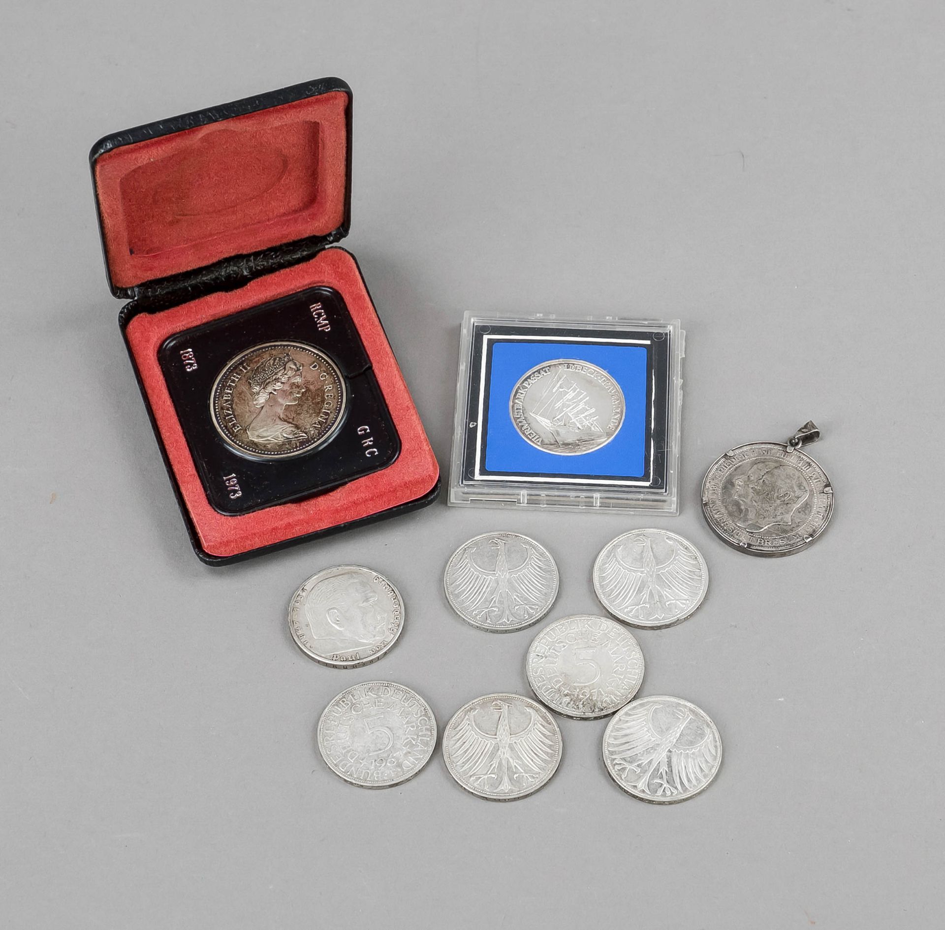 9 Silver Coins, 20th Century 6 x 5 German Marks, 1965 to 1972. 1x5 Reichsmark 1936 Hindenburg,