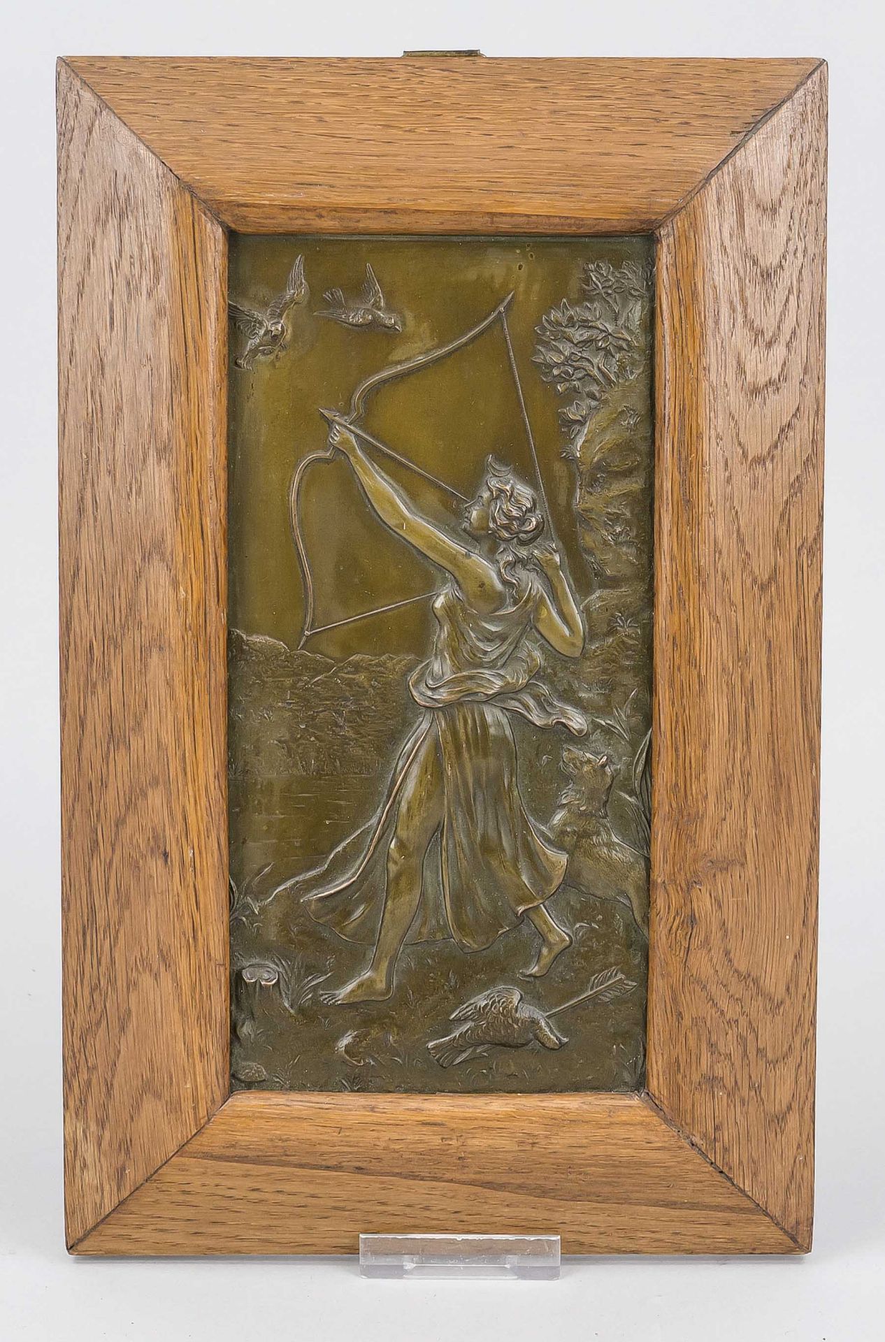 Hunting relief, late 19th century, bronze. Amazon and German shepherd hunting birds in an oak frame,