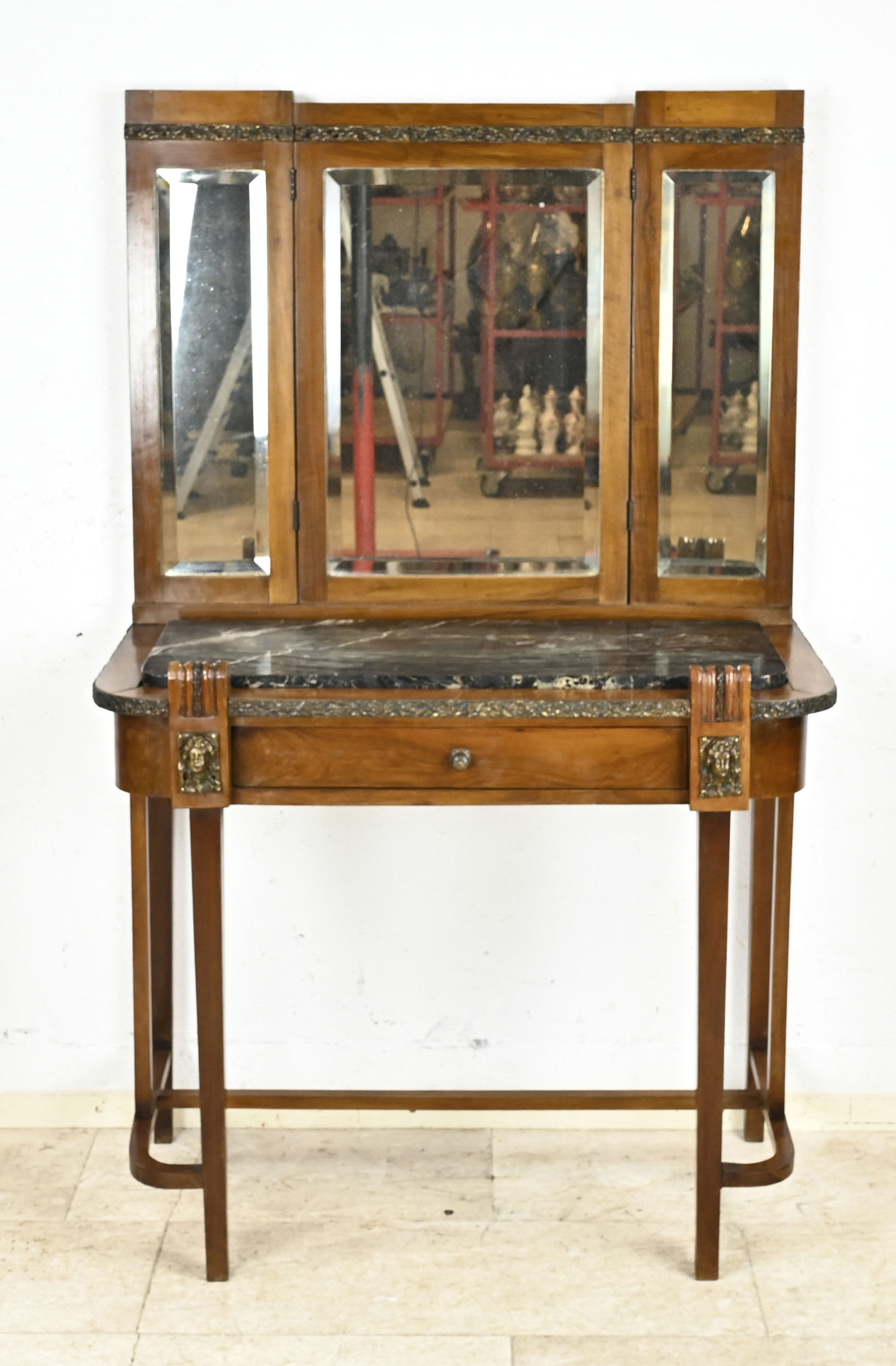 Art Nouveau dressing table with mirror top, circa 1910, walnut, bronze applications, one drawer,
