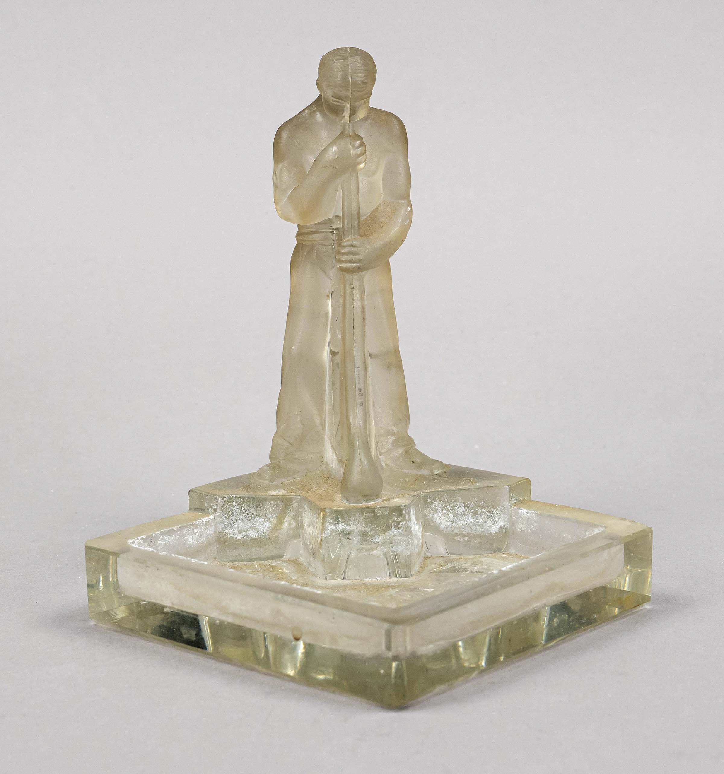 Glass artist 1st half 20th century, square, shallow bowl with sculptural figure of a glassblower,