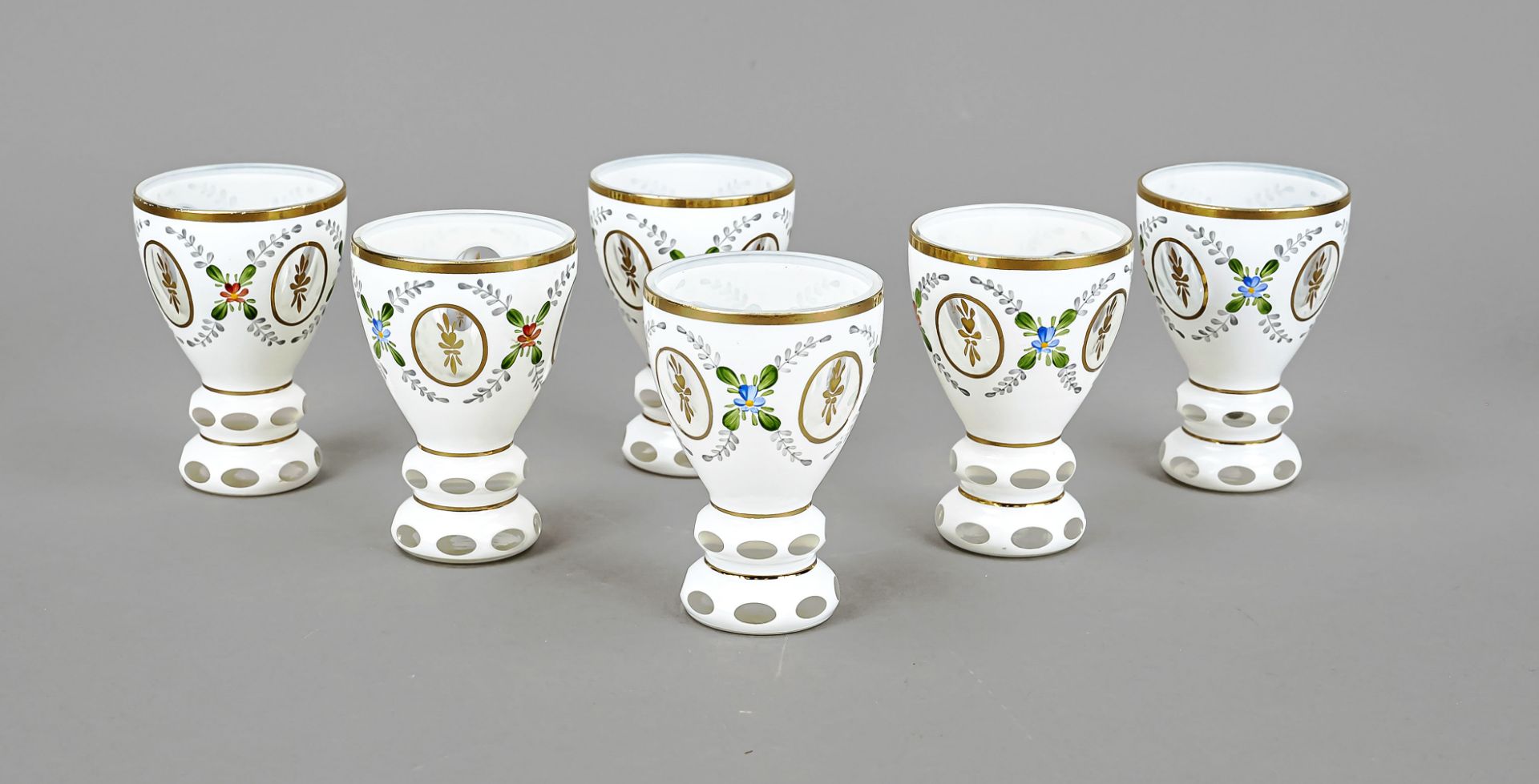 Six beakers, early 20th century, double beaded round base, tulip-shaped bowl, clear glass,