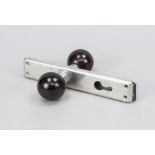 2 Bauhaus door fittings, early/mid 20th century, aluminum. Square, simple form, Bakelite ball