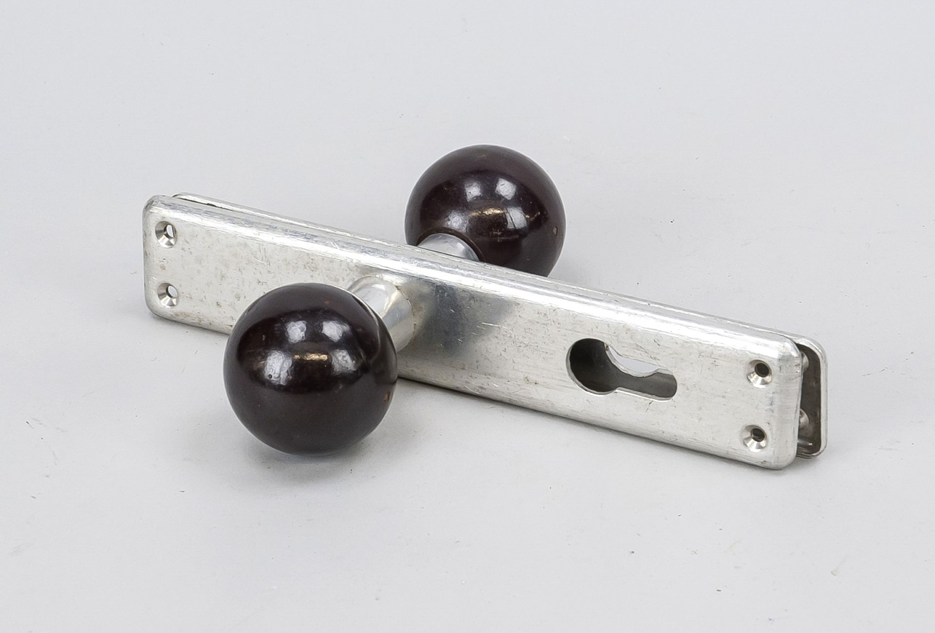 2 Bauhaus door fittings, early/mid 20th century, aluminum. Square, simple form, Bakelite ball