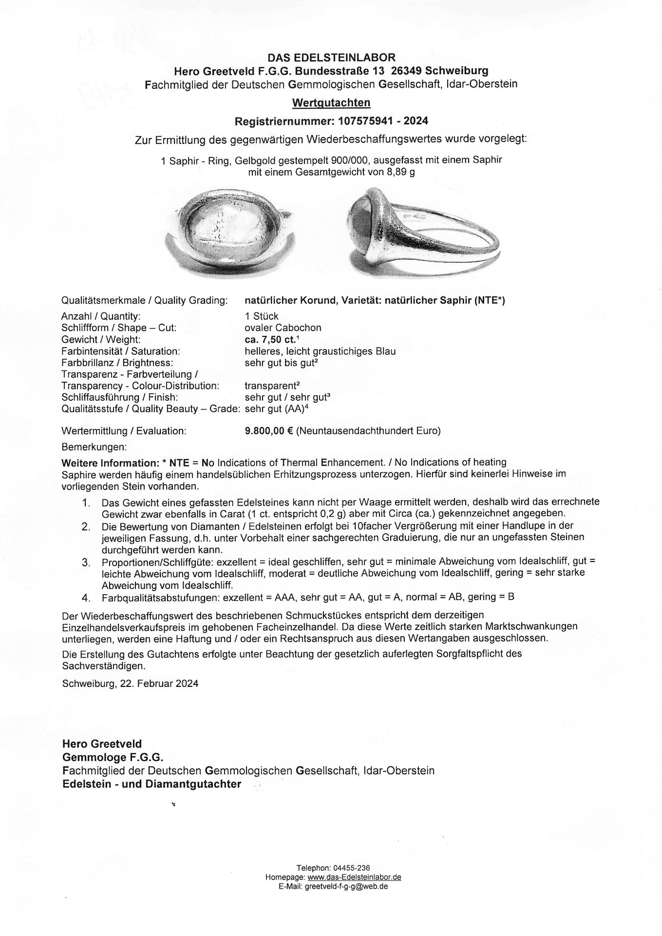 Saphir-Ring GG 900/000 mit eine - Bild 2 aus 2