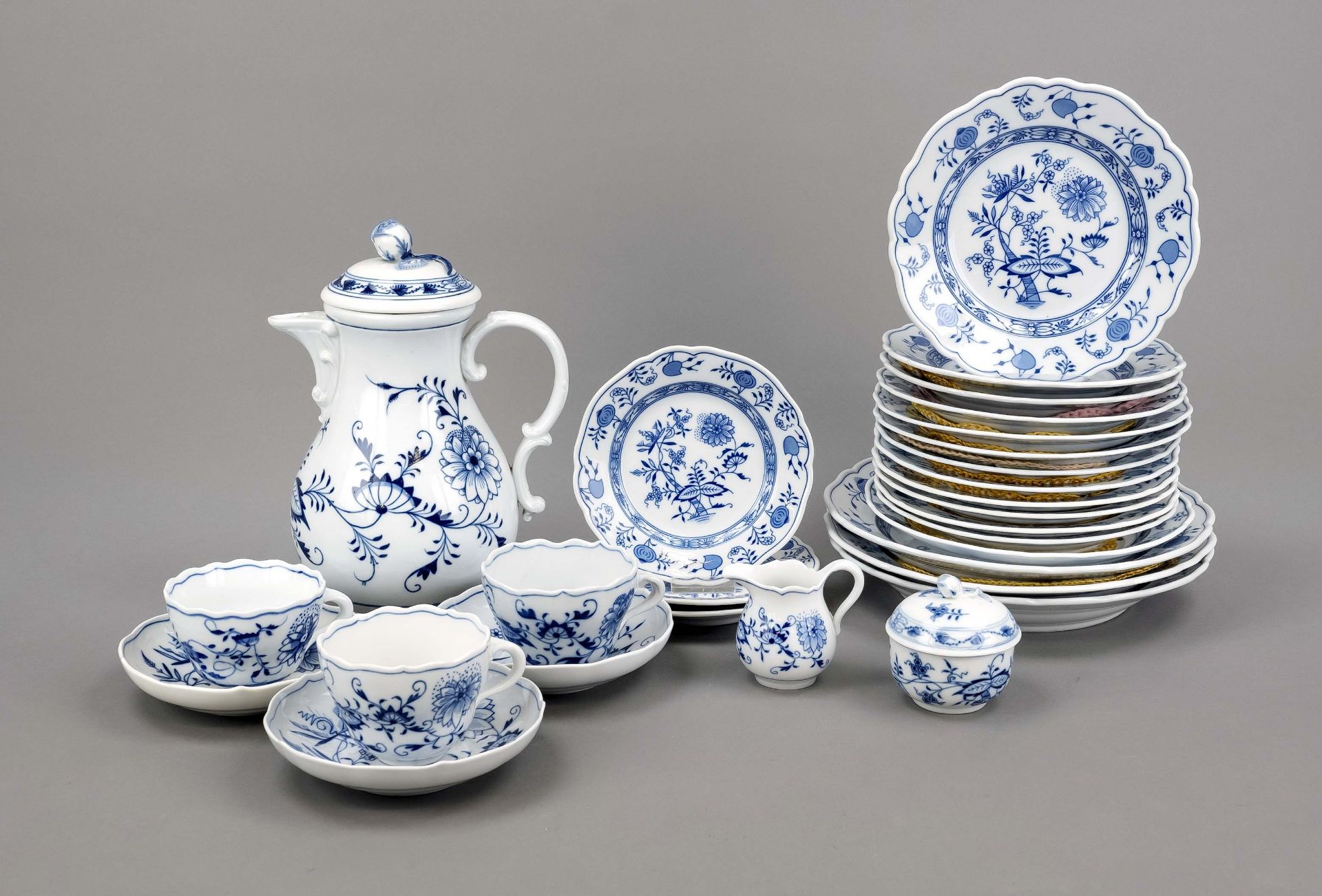 A coffee service for 6-9 persons, 40-piece, Meissen, 20th century, 1st and 2nd choice, onion pattern