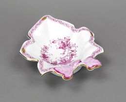 Leaf bowl, Herend, Hungary, 20th century, Indian basket decoration in purple, ornamental gilding, l.