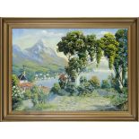 Italian painter, mid-20th century, summer shore of a lake in northern Italy, oil on canvas, signed