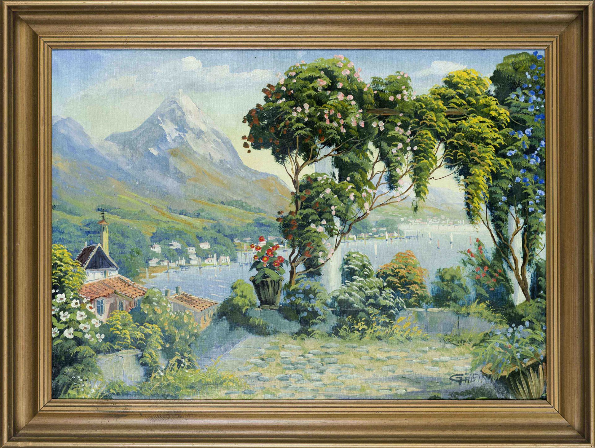 Italian painter, mid-20th century, summer shore of a lake in northern Italy, oil on canvas, signed