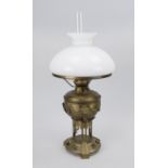 Petroleum lamp, late 19th century, three-pass, ornamented brass frame and tank, fitted frosted glass