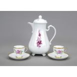 Five pieces, Fürstenberg, 20th century, coffee pot, lace relief, floral decoration in purple, h.