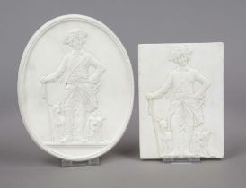 Two wall reliefs, Old Fritz with his greyhounds, white, 1 oval, h. 21.5 cm, 1 rectangular, h. 17.5