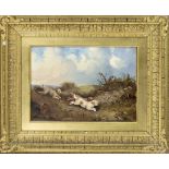 E. Mondy, English painter mid 19th cent., Landscape with three dogs chasing a rabbit, oil on canvas,