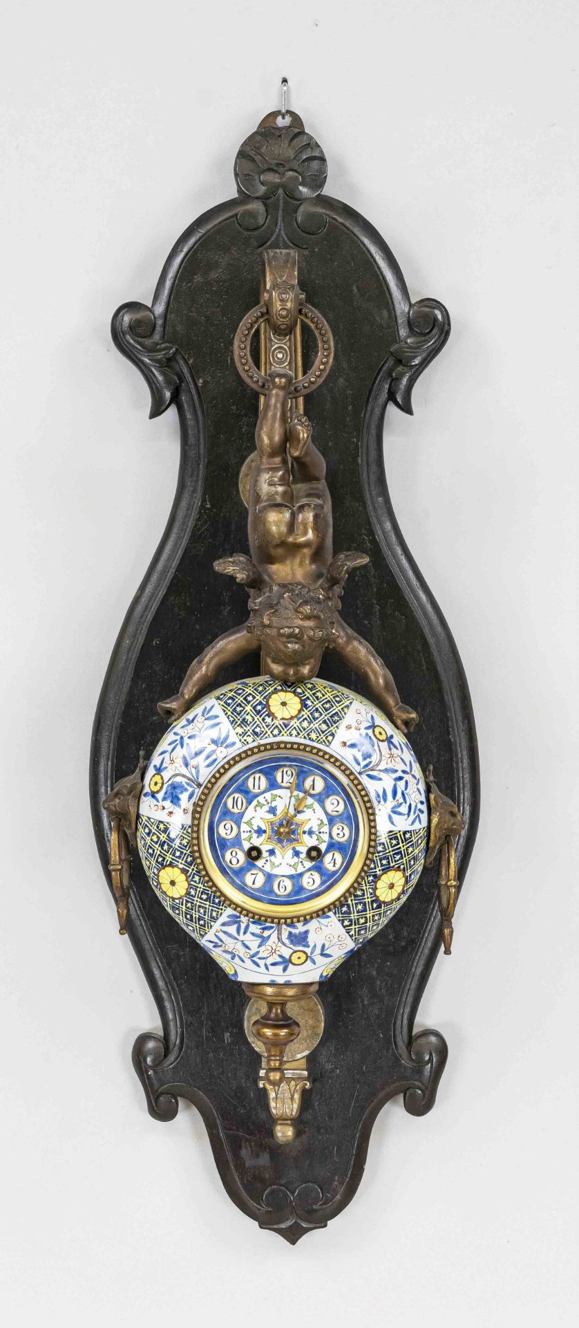 Hanging clock, porcelain, painted blue/yellow, c. 1900, in Delft style, unknown, signed, carried