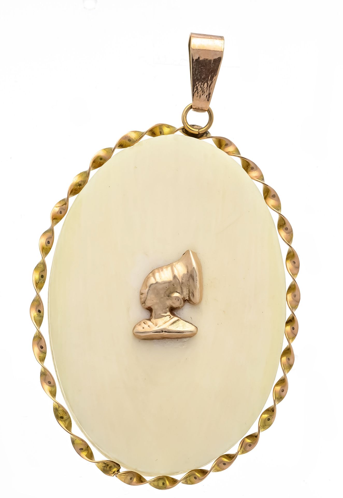 Bone pendant RG 585/000 oval bone plate 41 x 29 mm (plate loose in setting), with gold mounting in