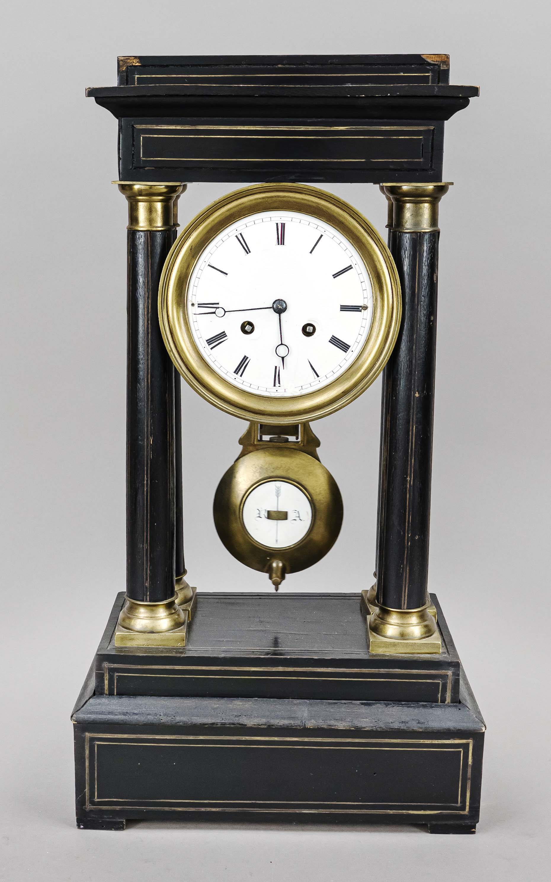 Portalu clock, 2nd half 19th century, ebonized wood with brass thread inlays in the head and base,