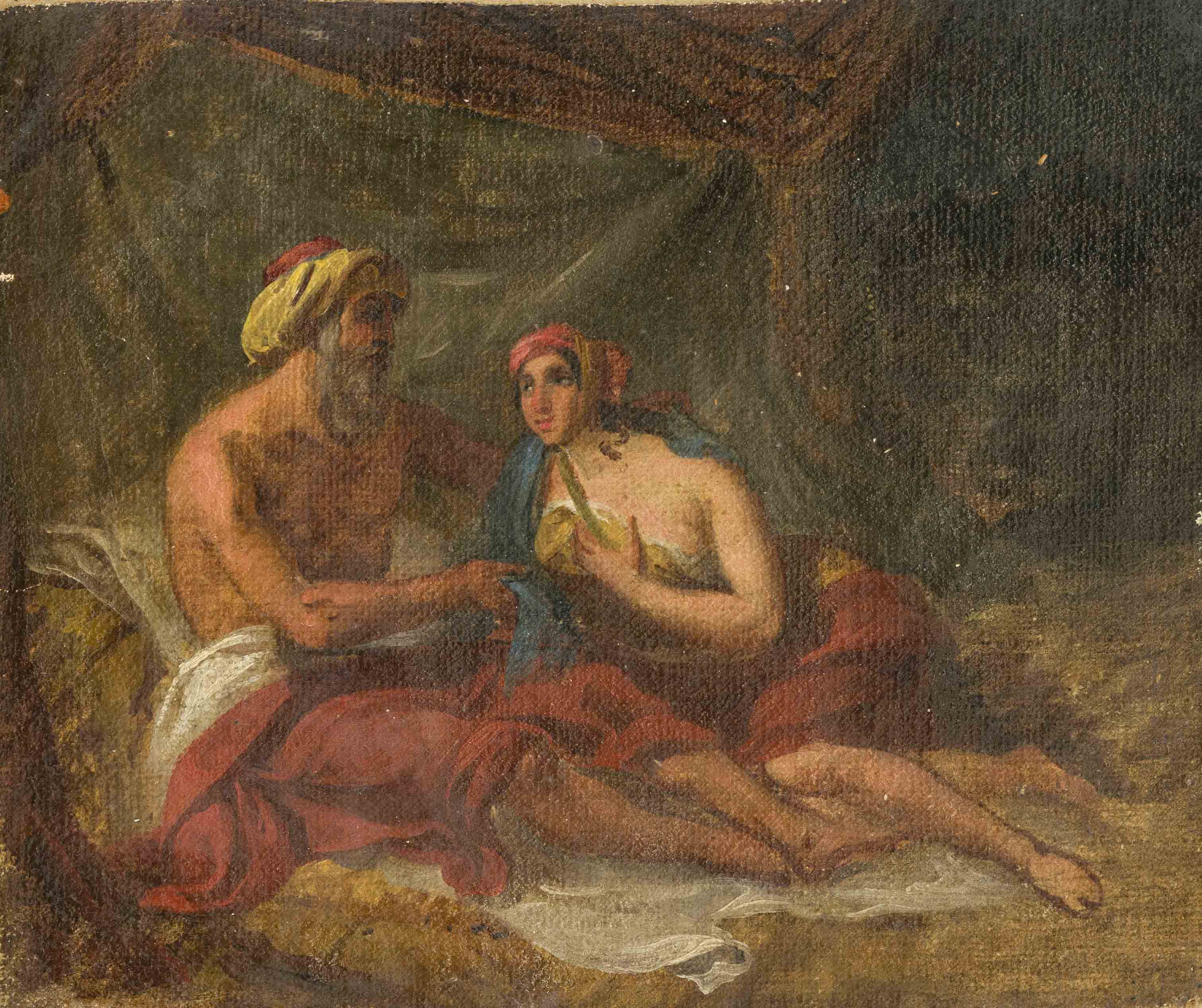 Unknown 19th century artist, Study of an Oriental with his playmate, oil on canvas marouflaged on