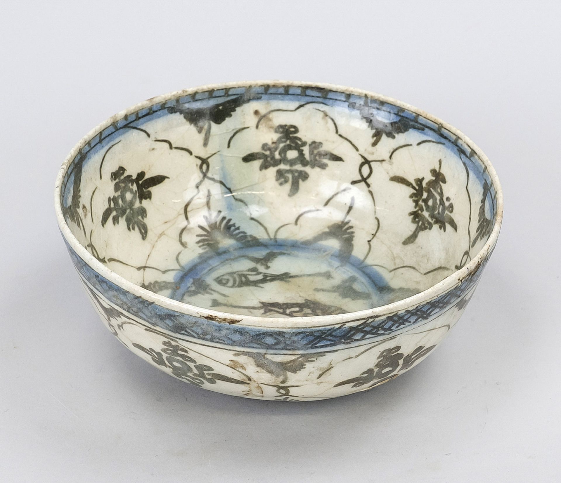 Fishbowl, China/Asia, exact age uncertain. Deep hollowed bowl with cobalt blue decoration,