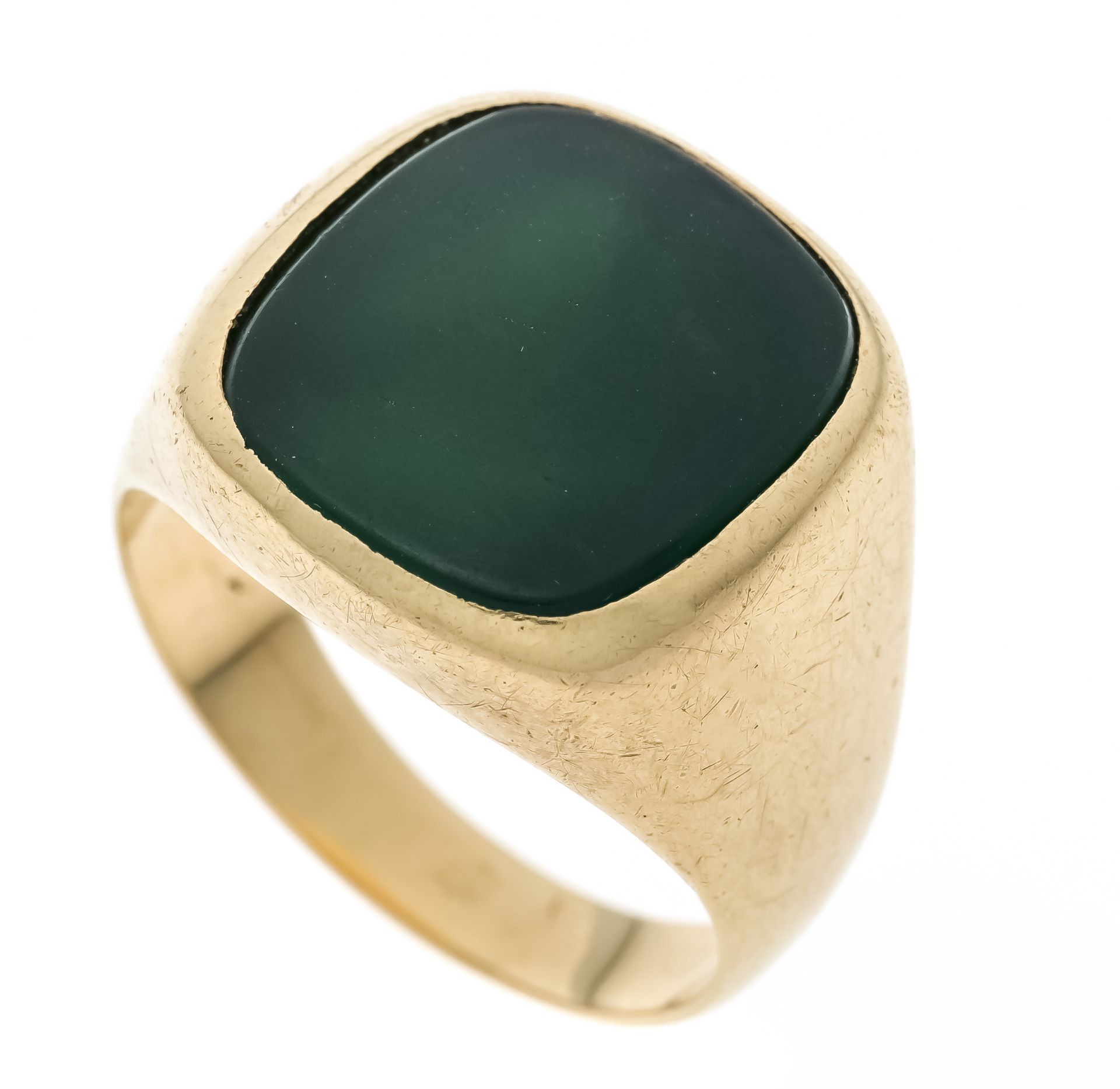 Men's ring GG 585/000 with a green stone plate 15 x 13 mm (fine scratches), RG 61, 10.6 g