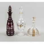 Three carafes, 20th century, various shapes, sizes and decorations, h. up to 35.5 cm