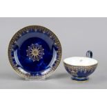 Teacup with saucer, Sevres, France, 1872, decal mark, cobalt blue ground, finely marbled in lapis